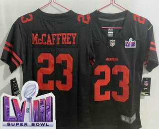 Womens San Francisco 49ers #23 Christian McCaffrey Limited Black LVIII Super Bowl Vapor Jersey